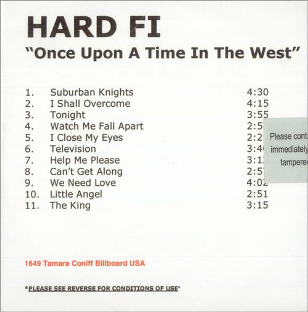 Hard-Fi Once Upon A Time In The West US Promo CD-R acetate CDR ACETATE