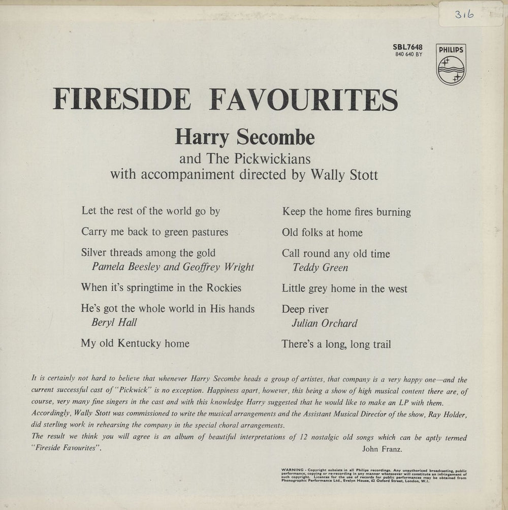 Harry Secombe Fireside Favourites UK vinyl LP album (LP record)