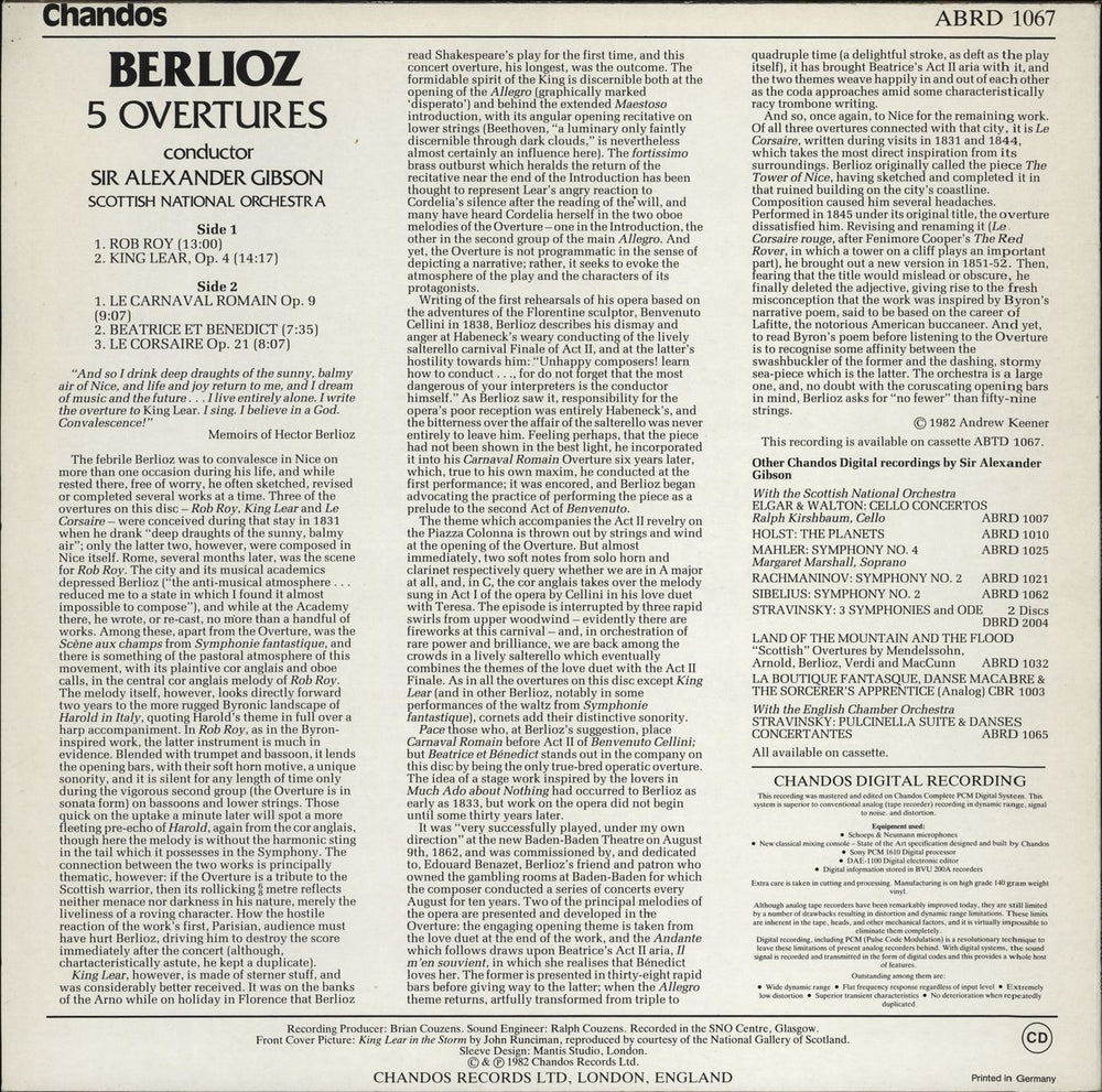 Hector Berlioz 5 Overtures UK vinyl LP album (LP record)