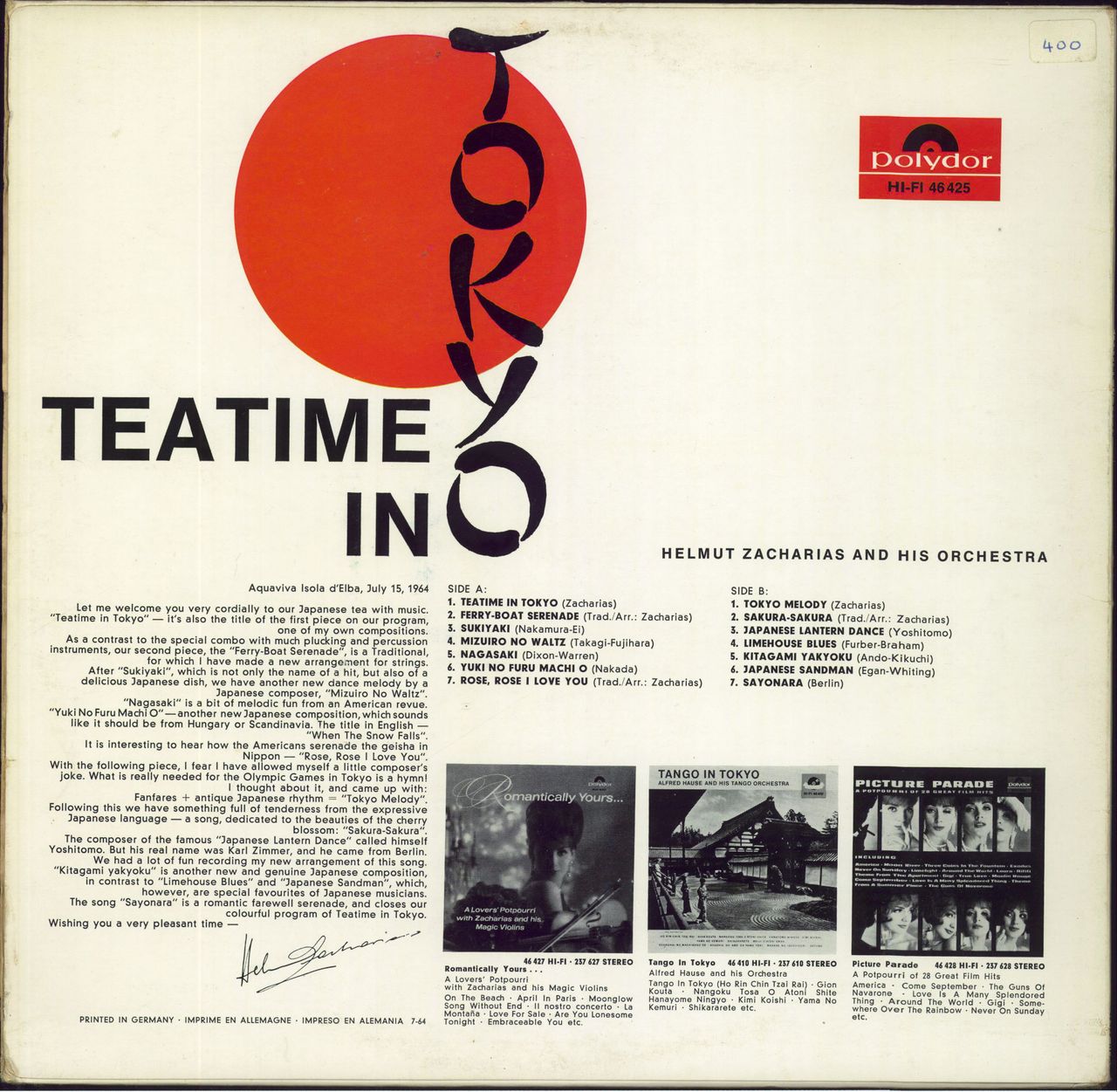 Helmut Zacharias Teatime In Tokyo German Vinyl LP — RareVinyl.com