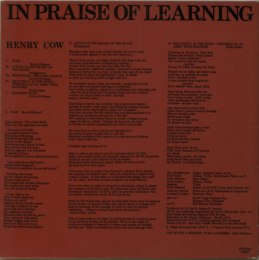 Henry Cow In Praise Of Learning UK vinyl LP album (LP record) HC1LPIN655550