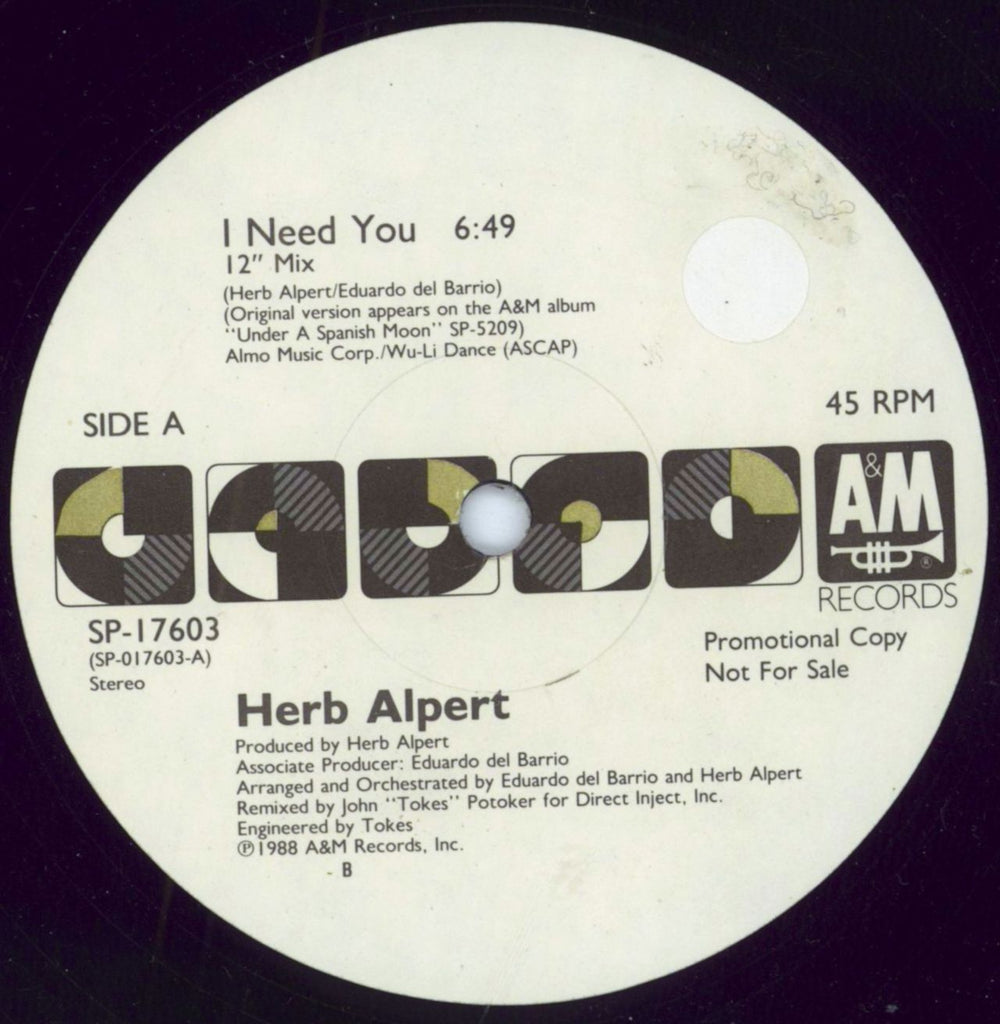 Herb Alpert I Need You US Promo 12" vinyl single (12 inch record / Maxi-single) SP-17603