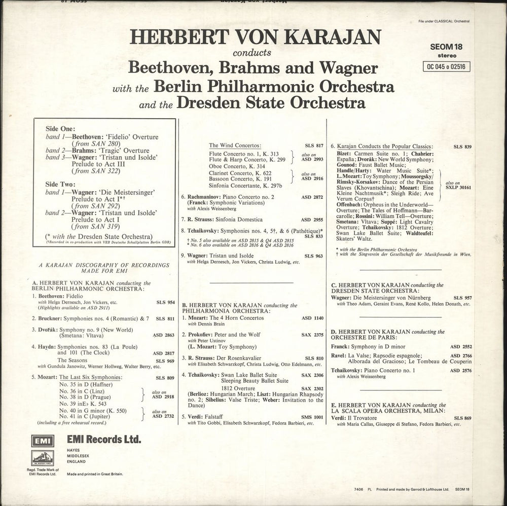 Herbert Von Karajan Conducts Beethoven, Wagner and Brahms UK vinyl LP album (LP record)