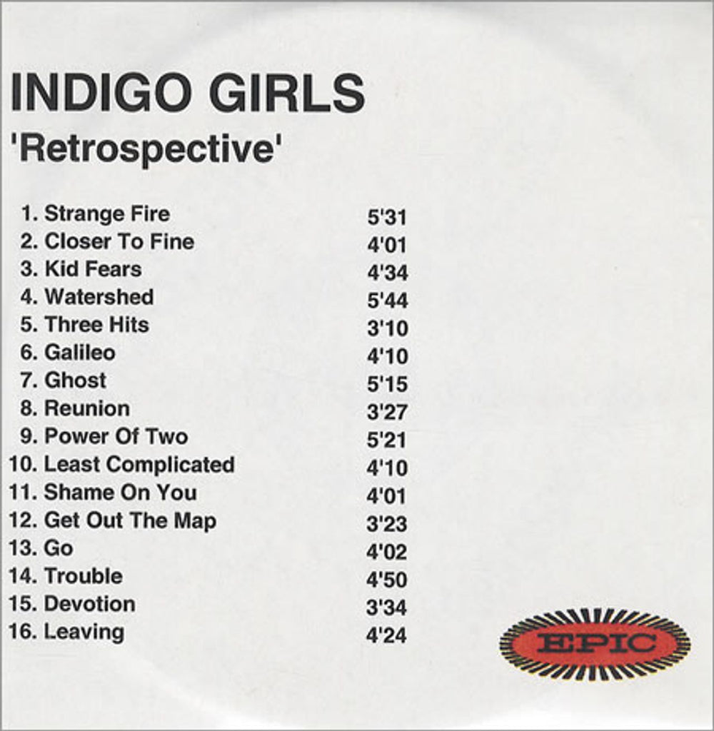 Indigo Girls Retrospective UK Promo CD-R acetate CD ACETATE