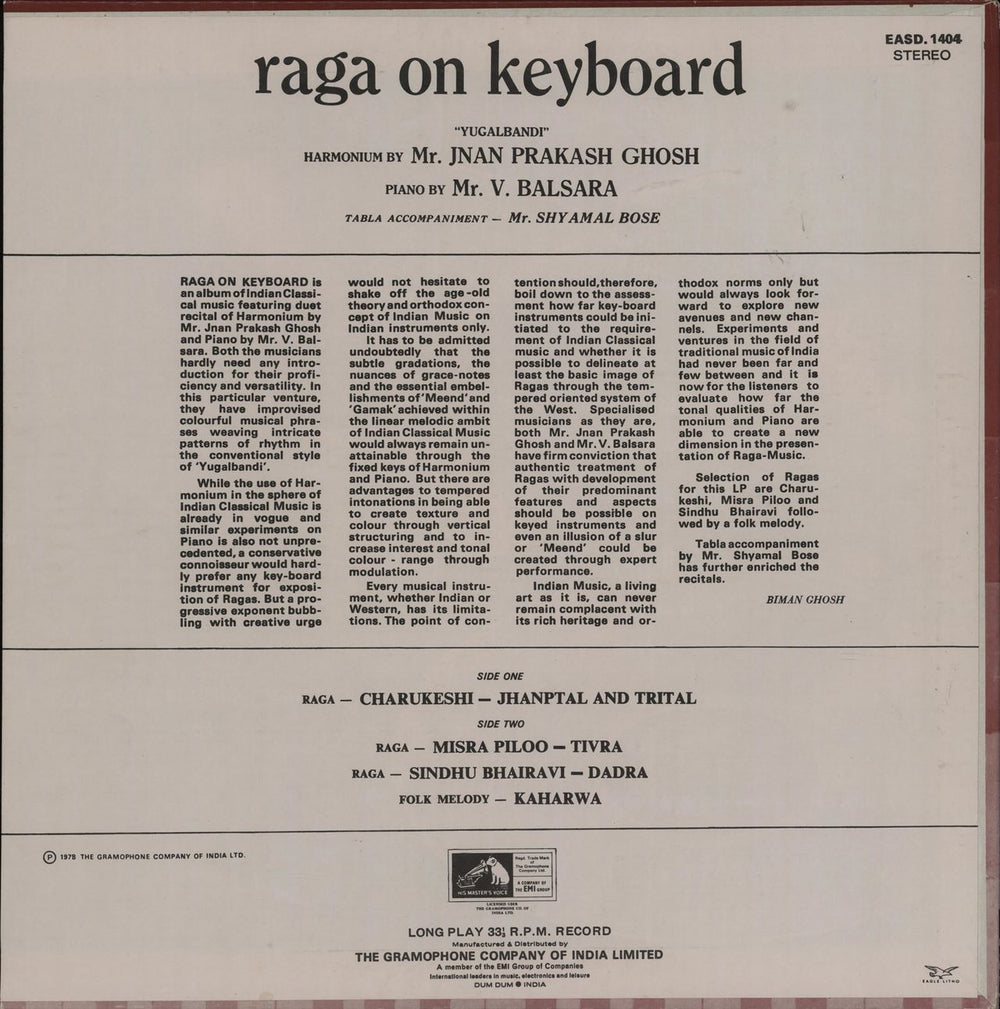 J.P. Ghosh Raga On Keyboard Indian vinyl LP album (LP record)