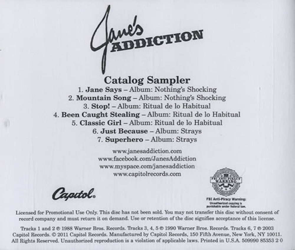Janes Addiction Catalogue Sampler US Promo CD-R acetate JANCRCA547768