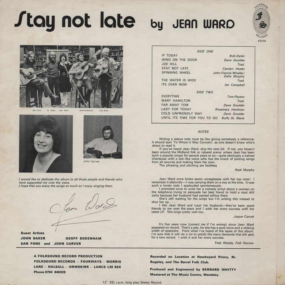 Jean Ward Stay Not Late UK vinyl LP album (LP record)