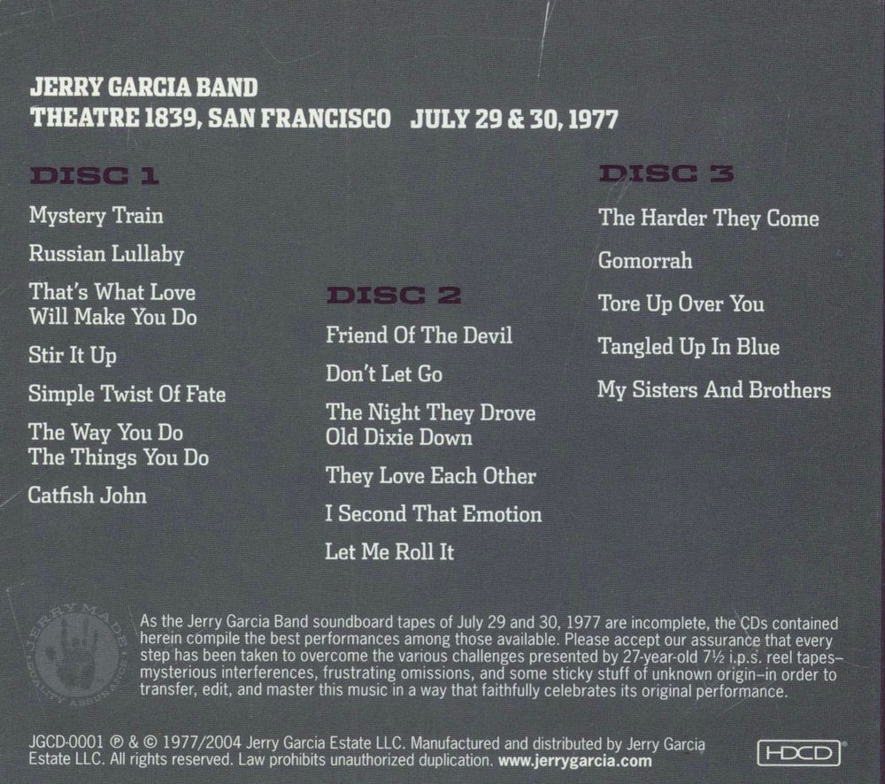 Jerry Garcia Pure Jerry: Theatre 1839, San Francisco, July 29 & 30, 1977 US 3-CD album set (Triple CD)