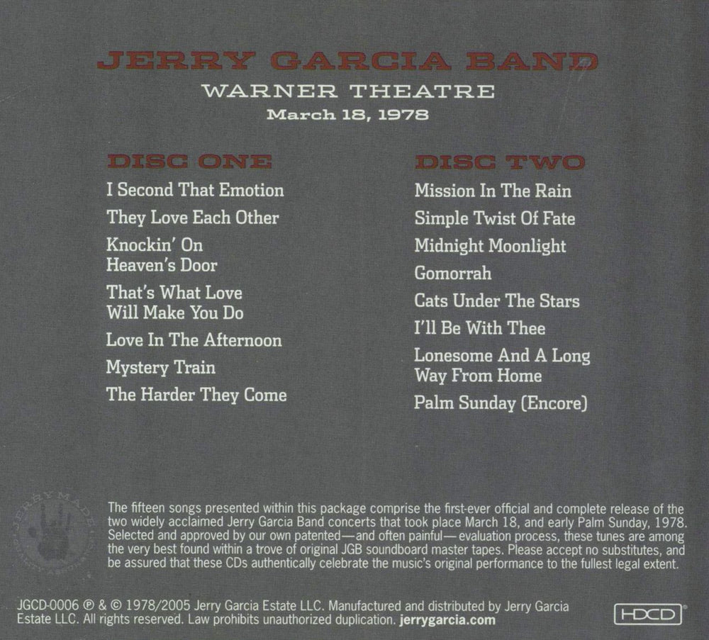 Jerry Garcia Pure Jerry: Warner Theatre, March 18, 1978 US 2 CD album set (Double CD)