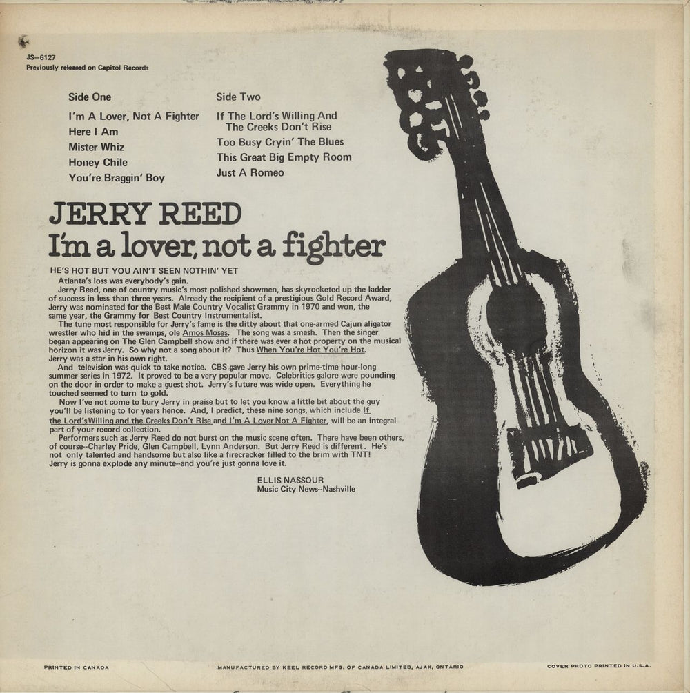 Jerry Reed I'm A Lover, Not A Fighter Canadian vinyl LP album (LP record)