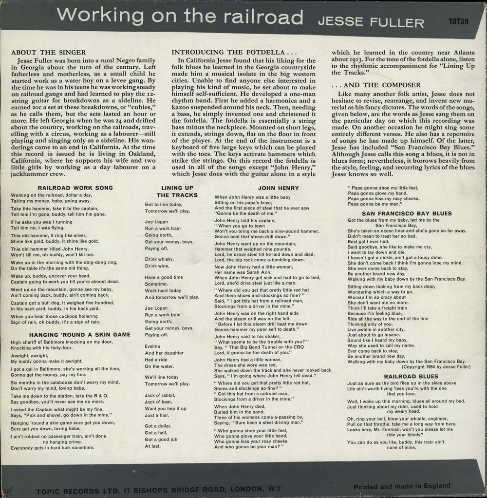 Jesse Fuller Working On The Railroad - Mislabelled UK 10" vinyl single (10 inch record)