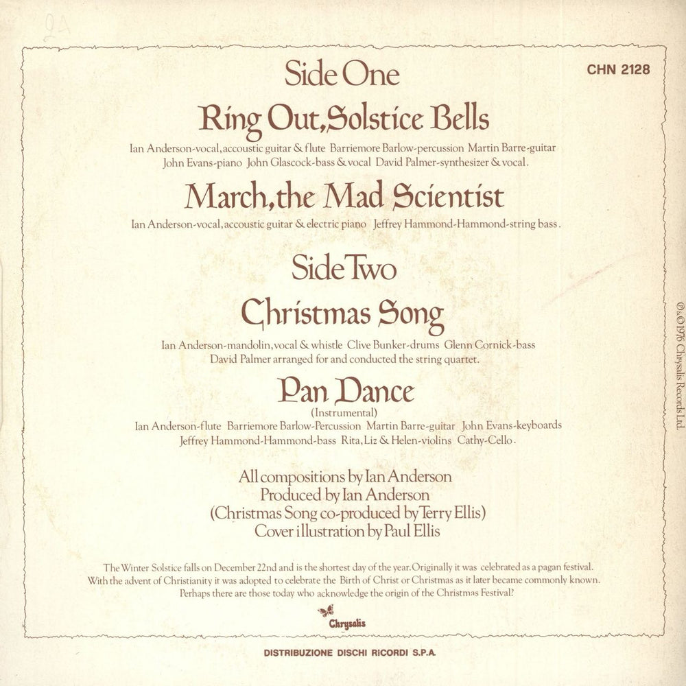 Jethro Tull Ring Out Solstice Bells EP - P/S Italian 7" vinyl single (7 inch record / 45)