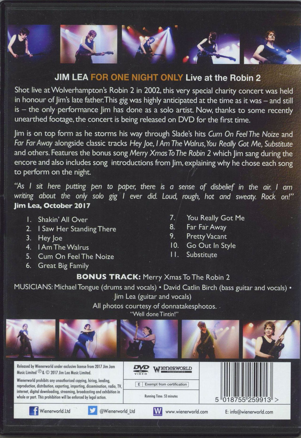 Jim Lea For One Night Only - Live at the Robin 2 - Autographed UK DVD 5018755259913