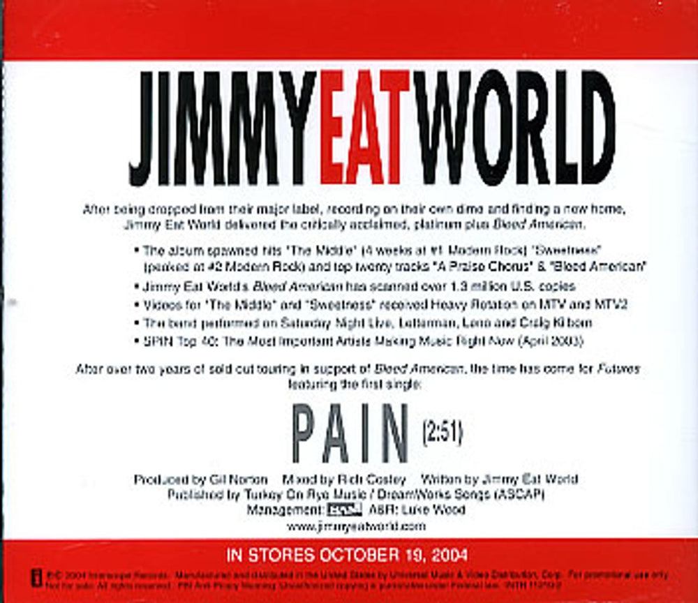 Jimmy Eat World Pain US Promo CD single (CD5 / 5") INTR11210-2