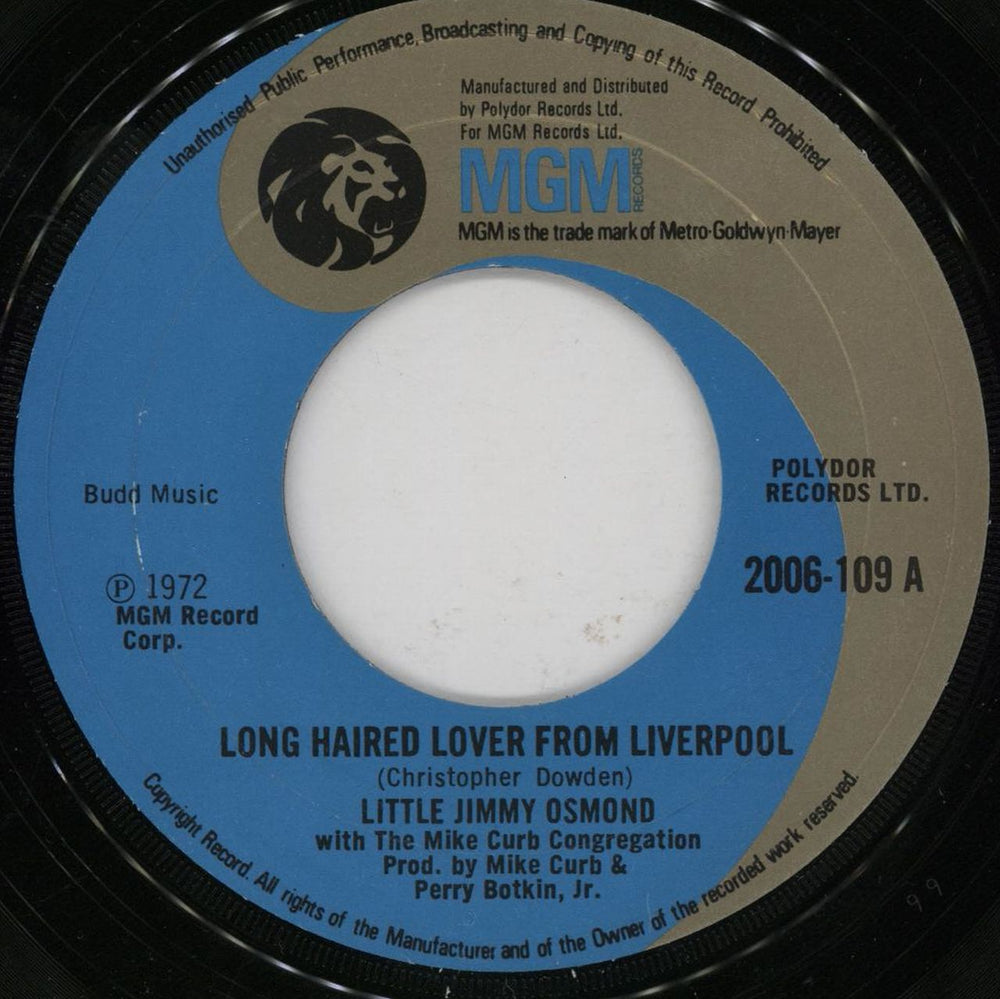Jimmy Osmond Long Haired Lover From Liverpool - Wide UK 7" vinyl single (7 inch record / 45) 2006-109