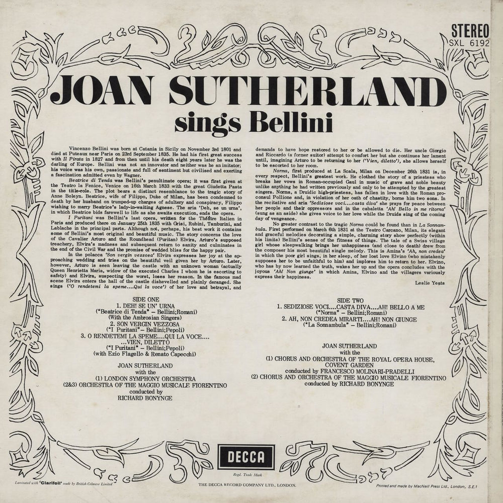 Joan Sutherland Sings Bellini UK vinyl LP album (LP record)