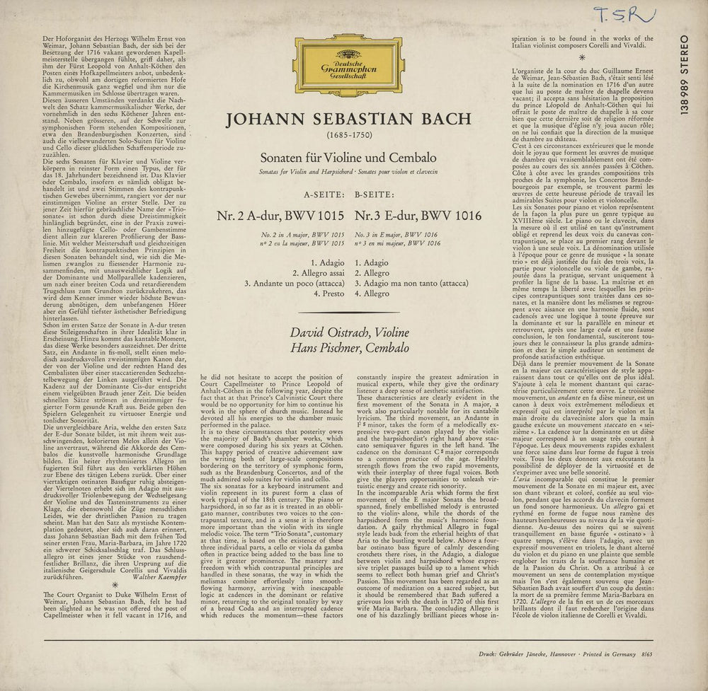 Johann Sebastian Bach Bach: Violinsonaten A-dur, BWV 1015 · E-dur, BWV 1016 German vinyl LP album (LP record)