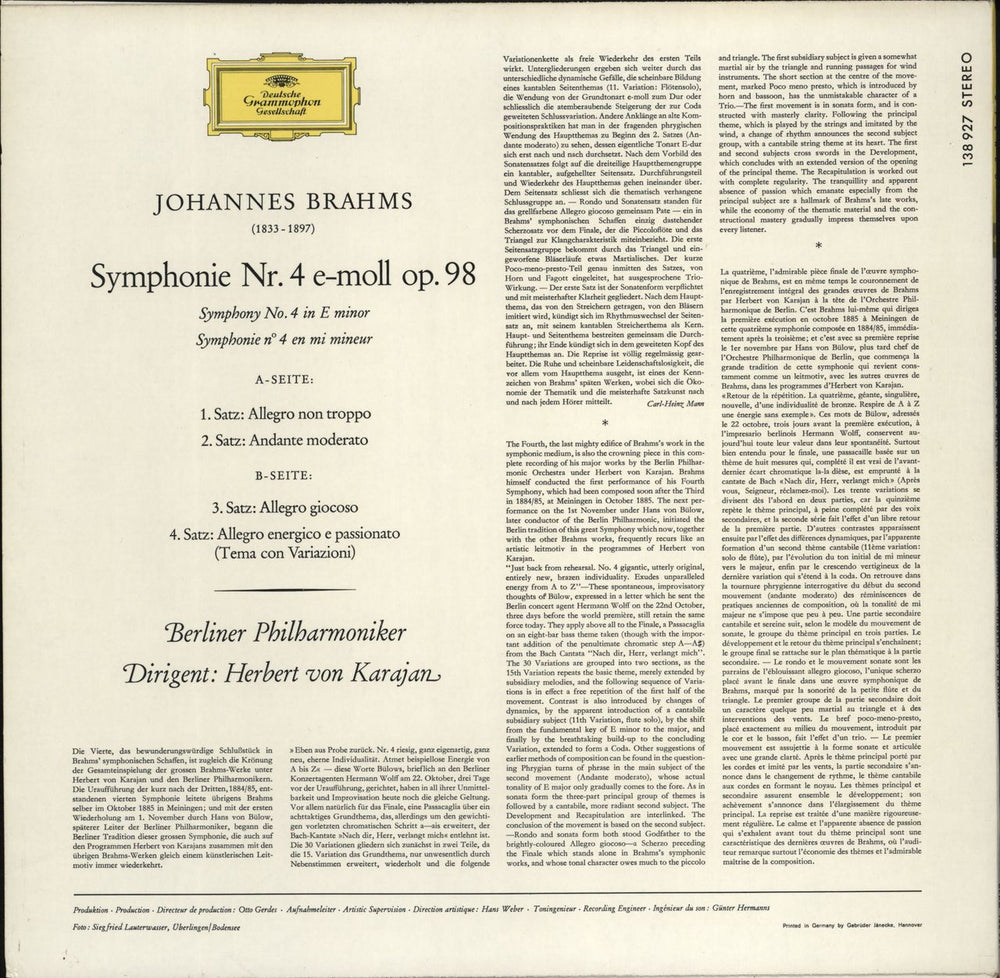 Johannes Brahms Brahms: Symphonie Nr. 4 German vinyl LP album (LP record)