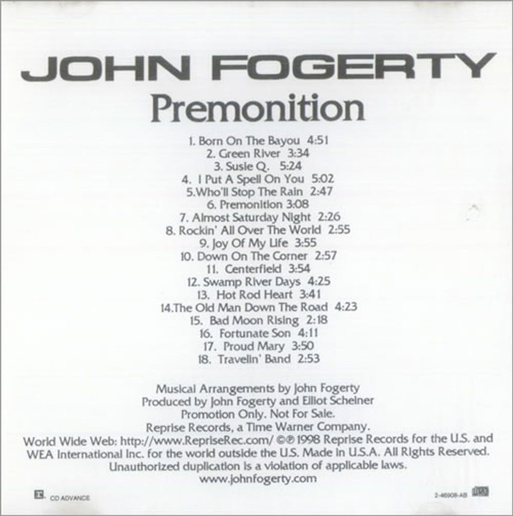 John Fogerty Premonition US Promo CD-R acetate CDR ACETATE