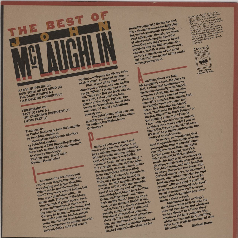 John McLaughlin The Best Of Australian vinyl LP album (LP record)
