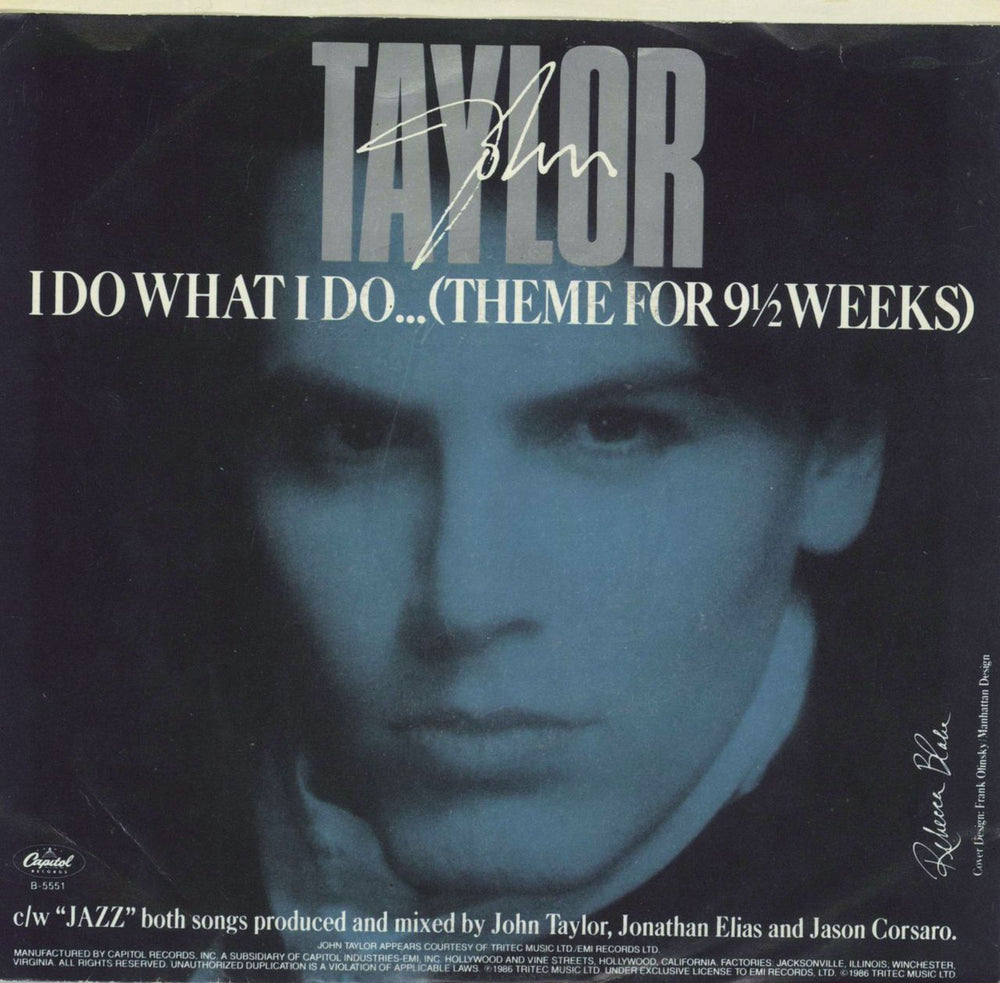 John Taylor I Do What I Do... (Theme For 9½ Weeks) US 7" vinyl single (7 inch record / 45)