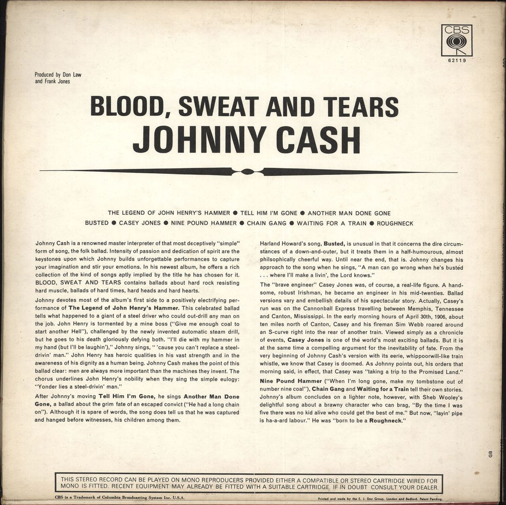 Johnny Cash Blood, Sweat And Tears - Mono UK vinyl LP album (LP record)