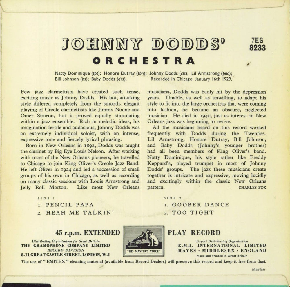 Johnny Dodds Johnny Dodds' Orchestra UK 7" vinyl single (7 inch record / 45)