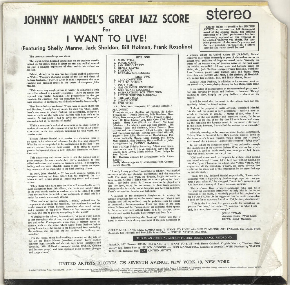 Johnny Mandel I Want To Live US vinyl LP album (LP record)