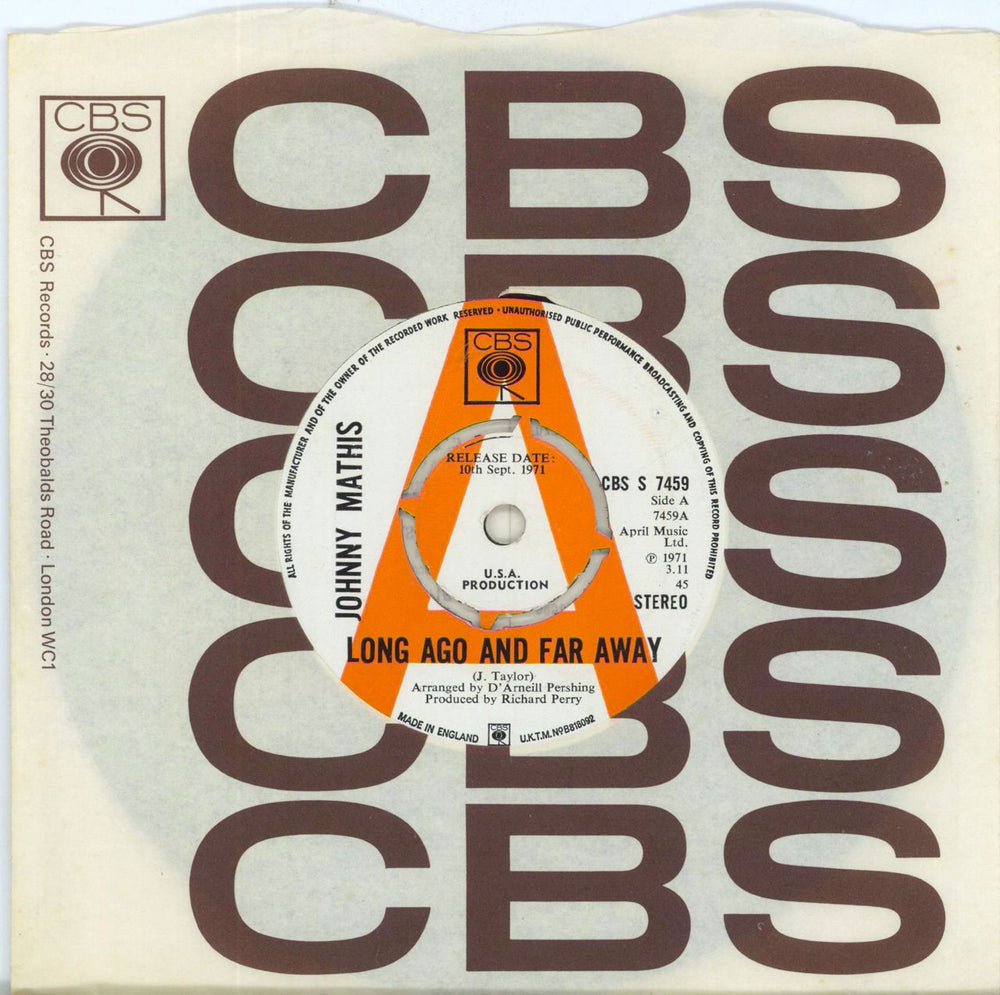 Johnny Mathis Long Ago And Far Away UK Promo 7" vinyl single (7 inch record / 45) CBSS7459