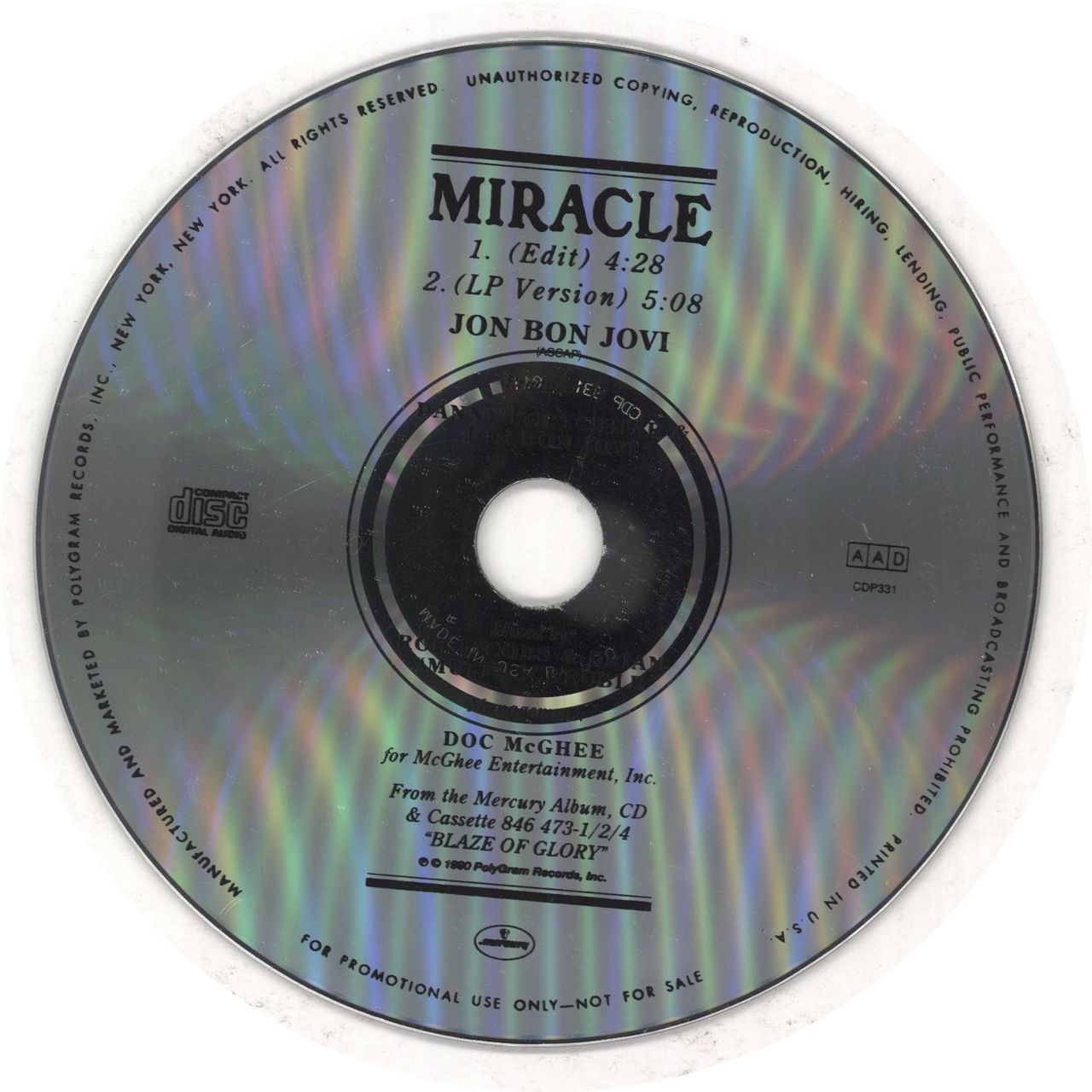 Jon Bon Jovi Miracle US Promo CD single — RareVinyl.com