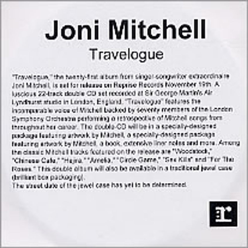 Joni Mitchell Travelogue UK Promo CD-R acetate CD ACETATE