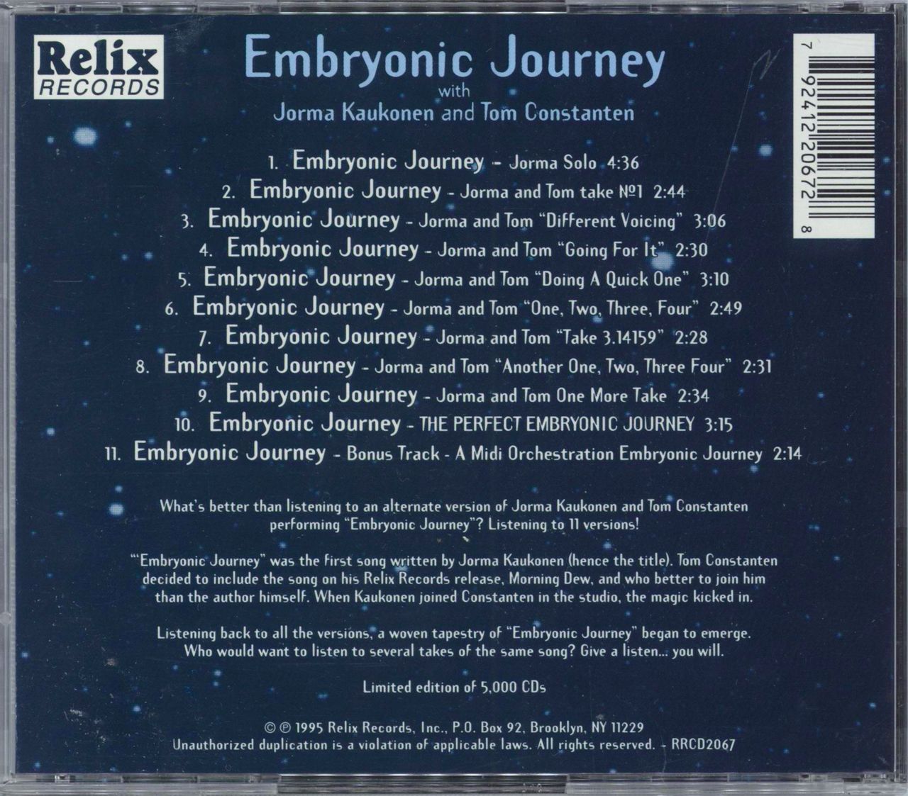 Jorma Kaukonen Embryonic Journey - Autographed US CD album