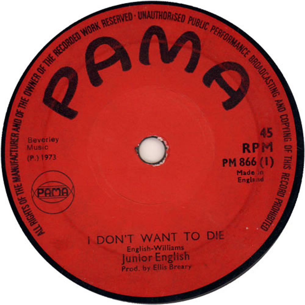 Junior English I Don't Want To Die UK 7" vinyl single (7 inch record / 45) PM866