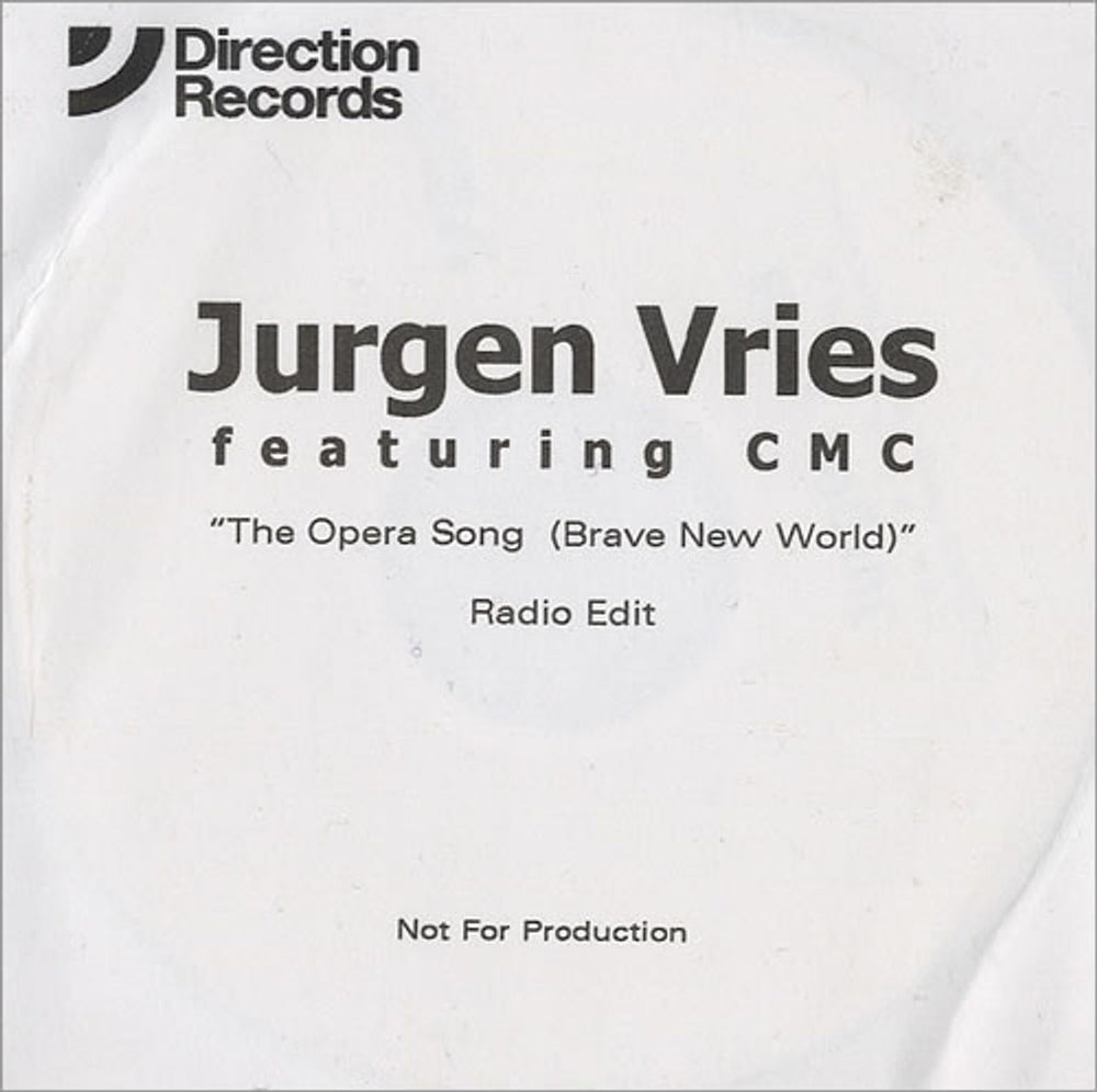 Jurgen Vries The Opera Song (Brave New World) UK CD-R acetate CD-R ACETATE