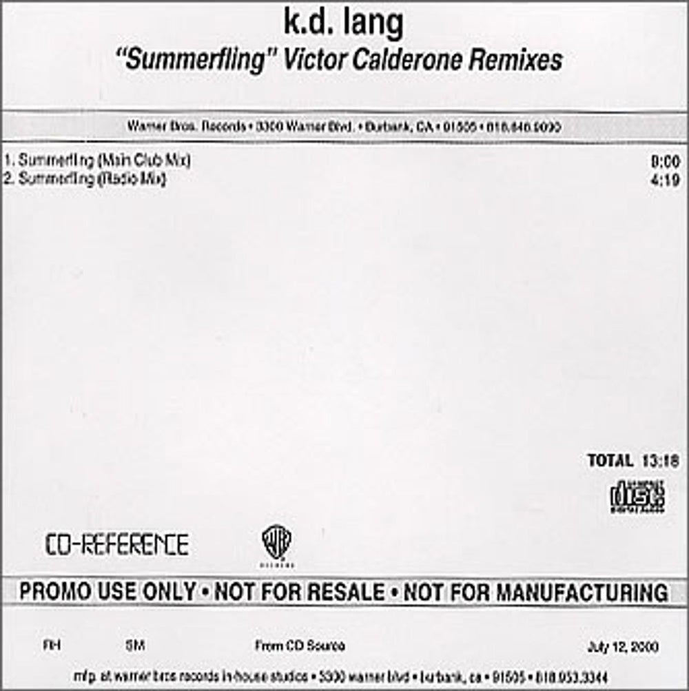 K.D. Lang Summerfling - Victor Calderone Remixes US Promo CD-R acetate KDLCRSU161940