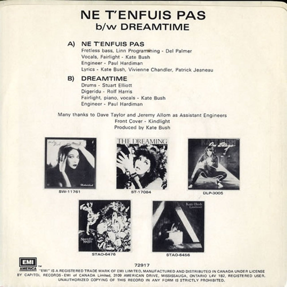 Kate Bush Ne T'enfuis Pas Canadian 7" vinyl single (7 inch record / 45) BUS07NE48634