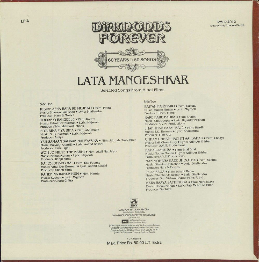 Lata Mangeshkar Diamonds Forever - 60 Years 60 Songs - Volume 4 Indian vinyl LP album (LP record)