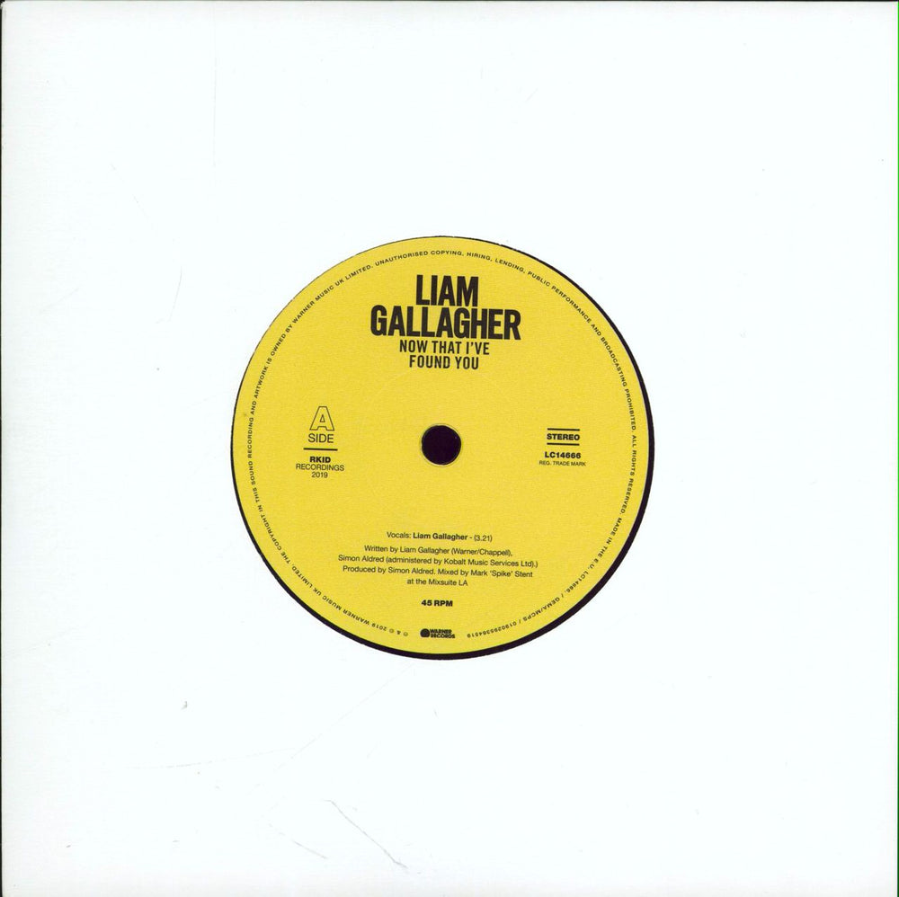 Liam Gallagher Now That I've Found You UK 7" vinyl single (7 inch record / 45) 0190295440519