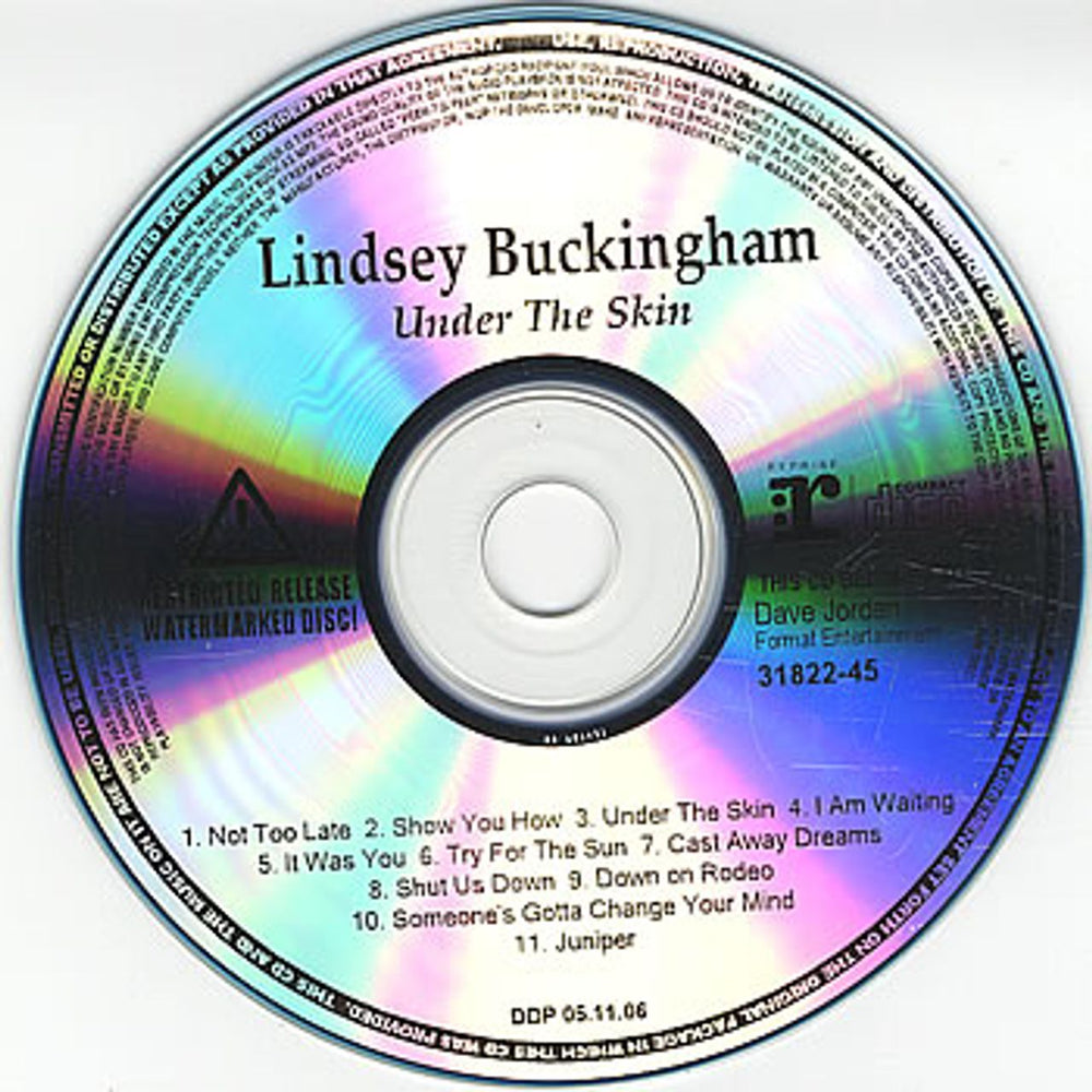 Lindsey Buckingham Under The Skin US Promo CD-R acetate CD-R ACETATE