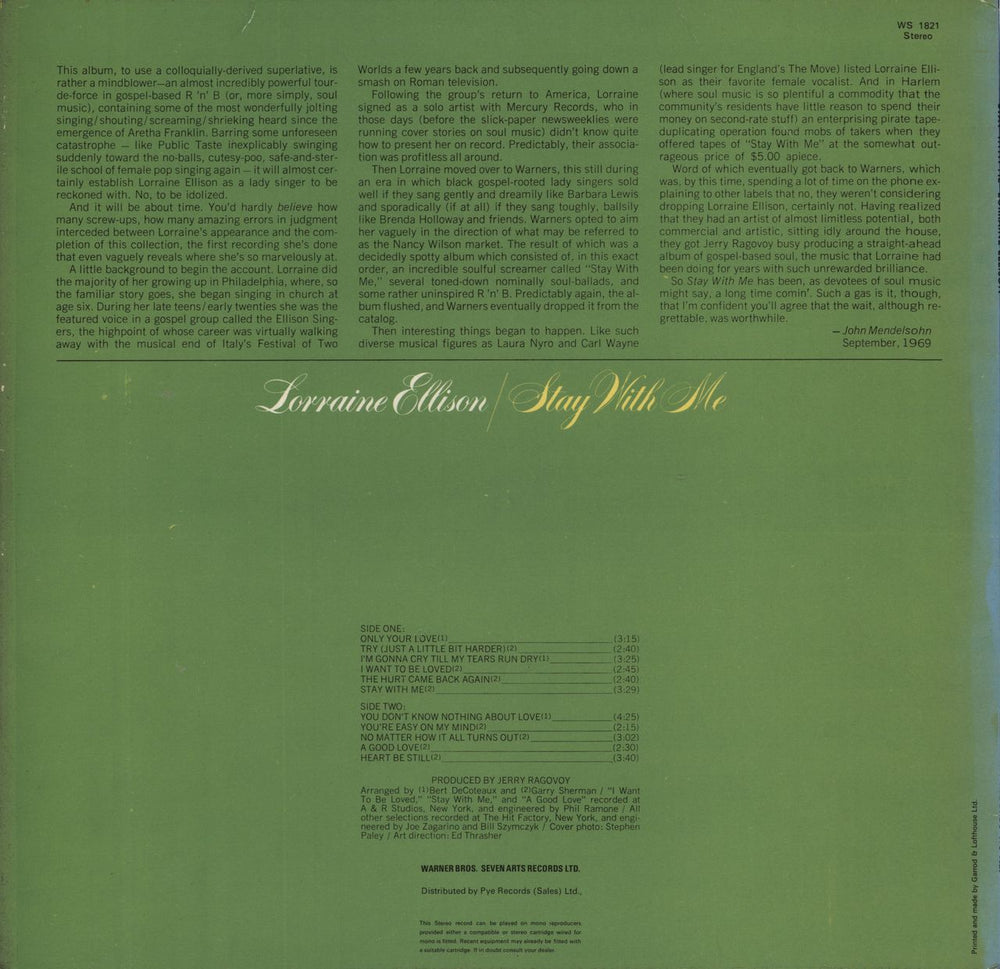 Lorraine Ellison Stay With Me UK vinyl LP album (LP record)