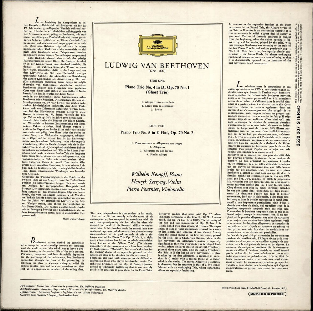 Ludwig Van Beethoven Piano Trios Op.70, No. 1 "Ghost-Trio" & No. 2 UK vinyl LP album (LP record)