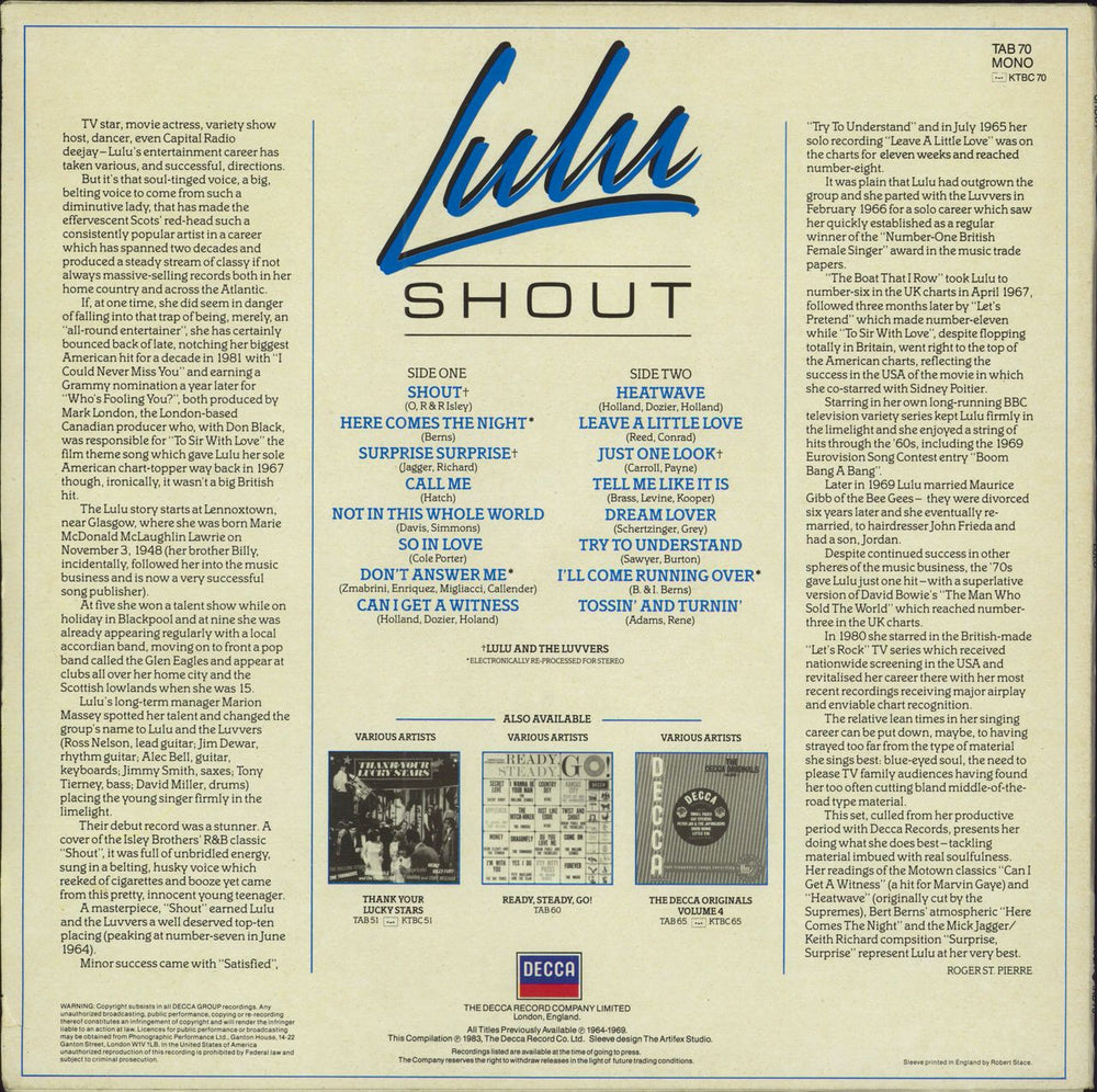 Lulu Shout UK vinyl LP album (LP record)