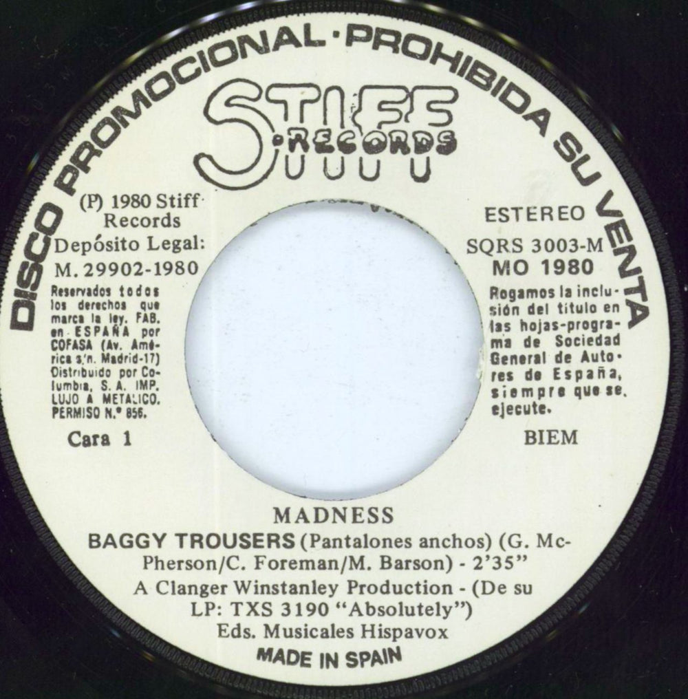 Madness Pantalones Anchos (Baggy Trousers) Spanish Promo 7" vinyl single (7 inch record / 45) MDN07PA171103