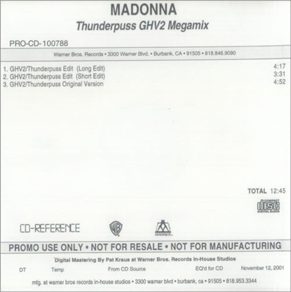 Madonna Thunderpuss GHV2 Megamix US CD-R acetate — RareVinyl.com