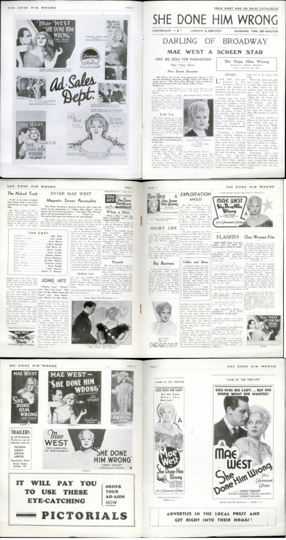 Mae West She Done Him Wrong - Press Sheet And Ad-Sales Catalogue UK press book MWTPBSH526531