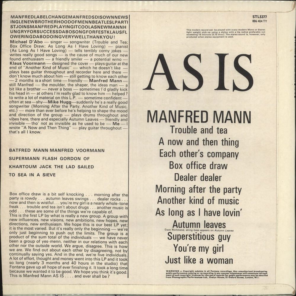 Manfred Mann As Is - 2nd UK vinyl LP album (LP record)