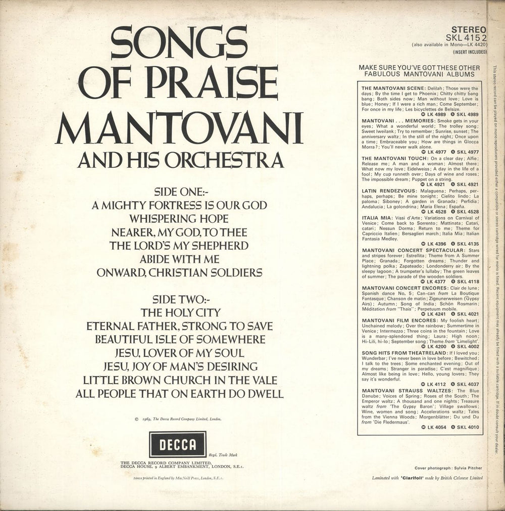 Mantovani Songs Of Praise UK vinyl LP album (LP record)