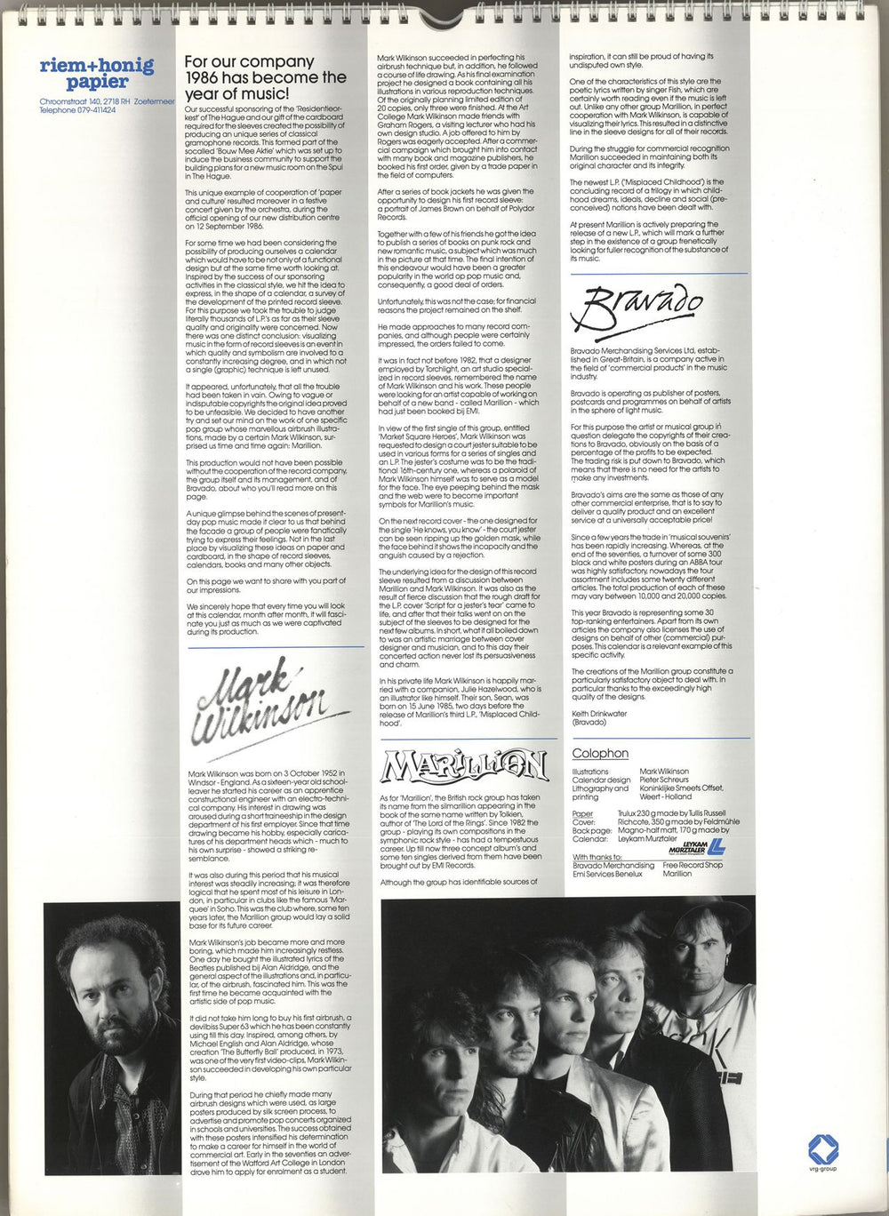 Marillion Exclusive Mark Wilkinson Cover Art Calendar 1987 Dutch Promo calendar MARCAEX712132