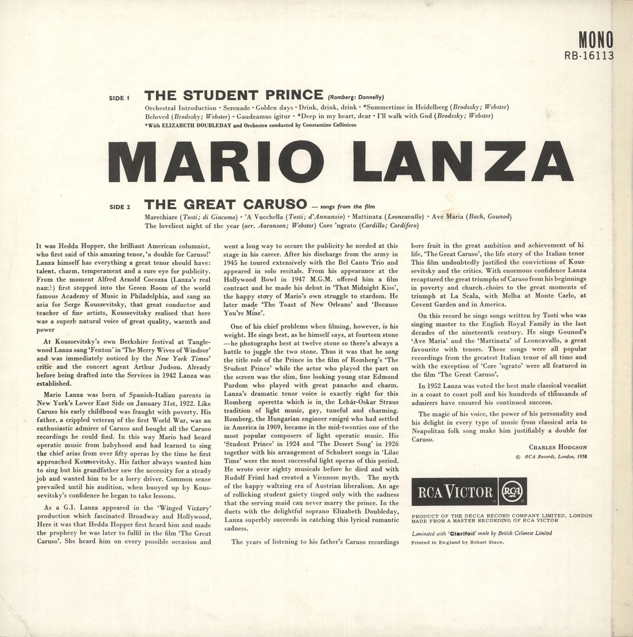 Mario Lanza The Student Prince And The Great Caruso UK Vinyl LP