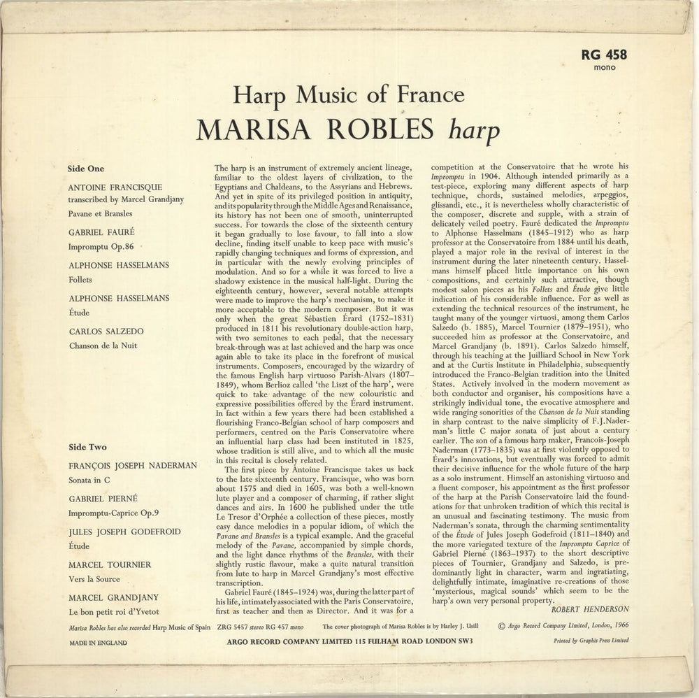 Marisa Robles Harp Music of France UK vinyl LP album (LP record)